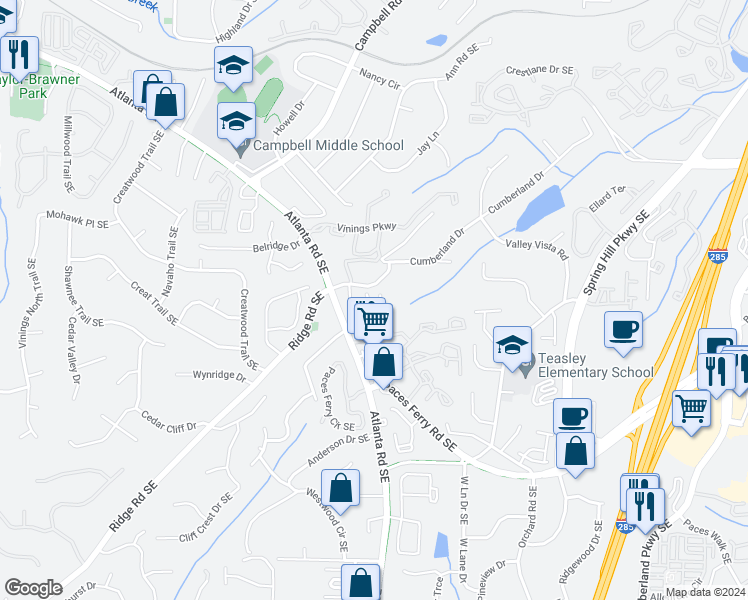 map of restaurants, bars, coffee shops, grocery stores, and more near Elmont Way in Smyrna