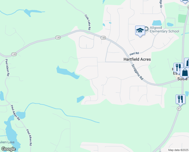 map of restaurants, bars, coffee shops, grocery stores, and more near 134 Paces Lakes Overlook in Dallas