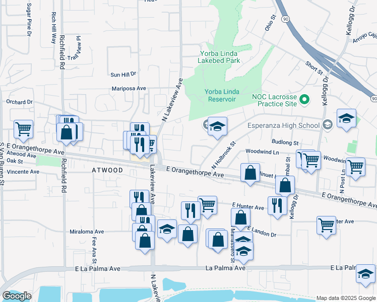 map of restaurants, bars, coffee shops, grocery stores, and more near 1764 Azure Street in Anaheim
