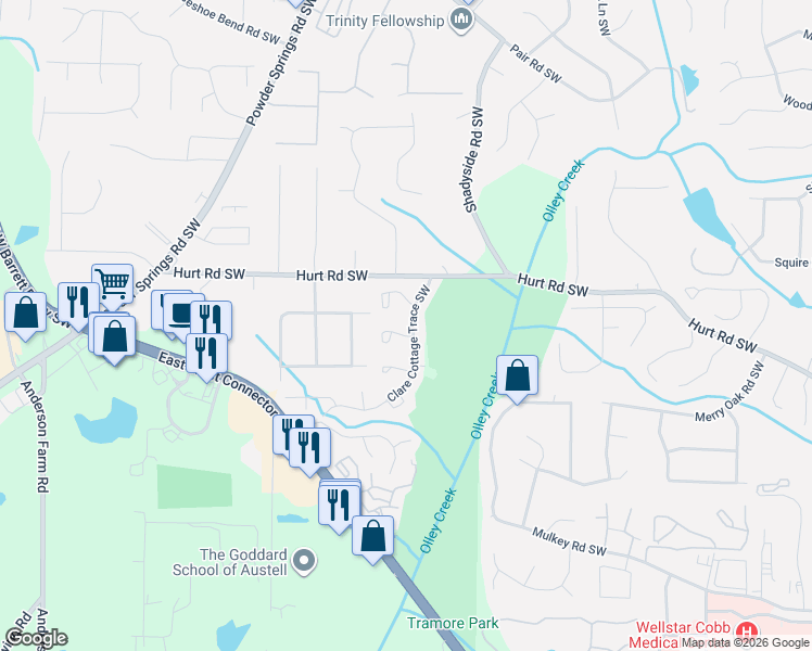 map of restaurants, bars, coffee shops, grocery stores, and more near 3460 Clare Cottage Trace Southwest in Marietta