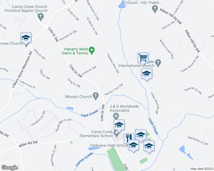 map of restaurants, bars, coffee shops, grocery stores, and more near 4694 Arrowhead Trail Southwest in Lilburn