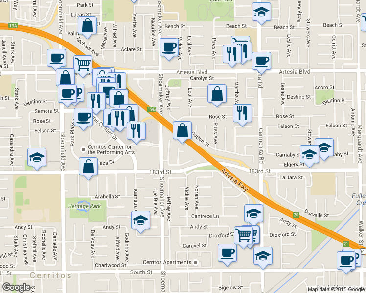 map of restaurants, bars, coffee shops, grocery stores, and more near 18006 Point Conception Place in Cerritos