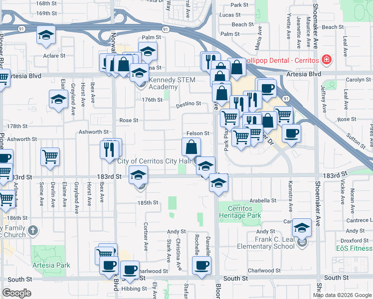 map of restaurants, bars, coffee shops, grocery stores, and more near 17902 Sybrandy Avenue in Cerritos