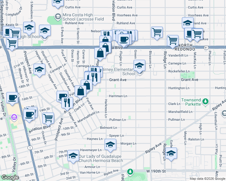 map of restaurants, bars, coffee shops, grocery stores, and more near 1814 Grant Avenue in Redondo Beach