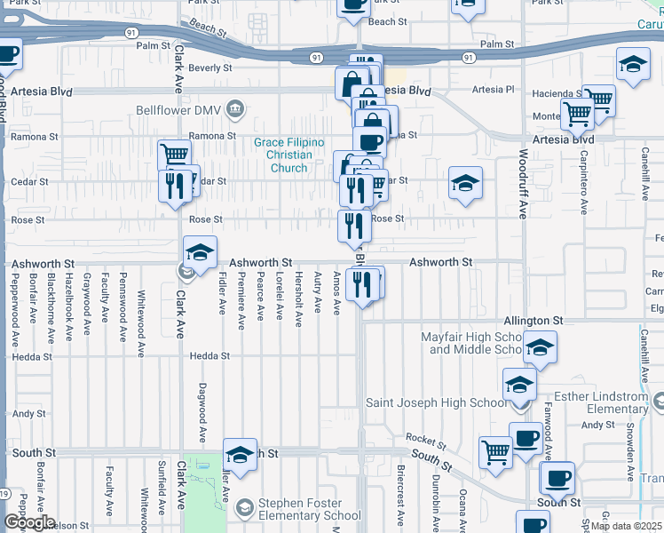 map of restaurants, bars, coffee shops, grocery stores, and more near 5449 Ashworth Street in Lakewood
