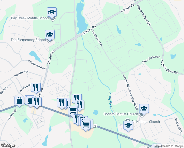map of restaurants, bars, coffee shops, grocery stores, and more near 651 Autumn Meadow Drive in Loganville