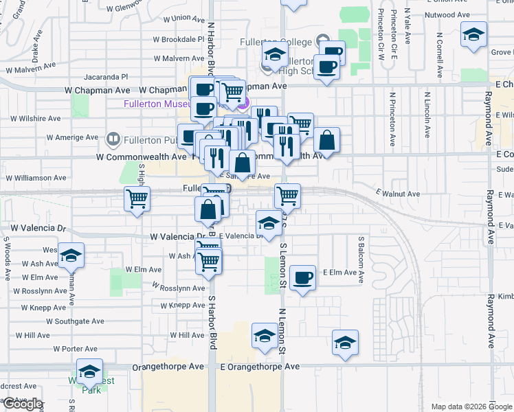 map of restaurants, bars, coffee shops, grocery stores, and more near in Fullerton