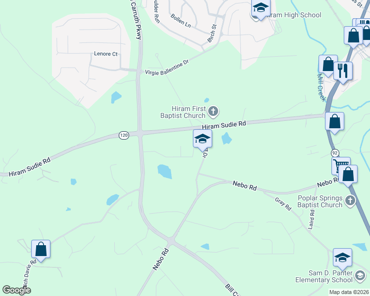 map of restaurants, bars, coffee shops, grocery stores, and more near 42 Stonybrook Drive in Hiram