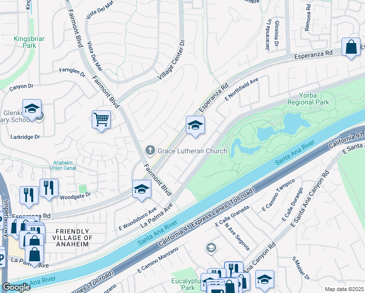 map of restaurants, bars, coffee shops, grocery stores, and more near 1290 North Tippetts Lane in Anaheim