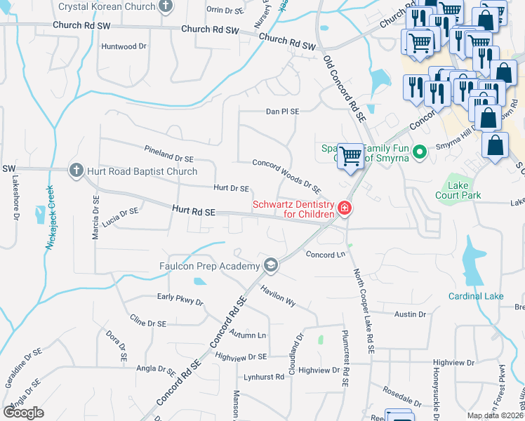 map of restaurants, bars, coffee shops, grocery stores, and more near 375 Hurt Road Southeast in Smyrna