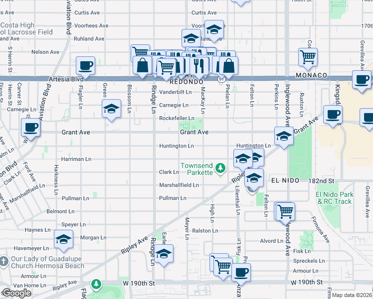 map of restaurants, bars, coffee shops, grocery stores, and more near 2306 Huntington Lane in Redondo Beach