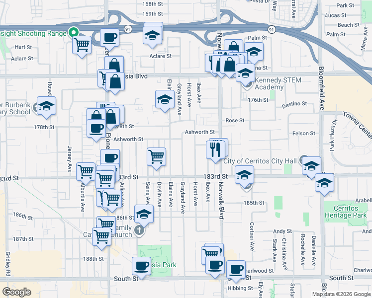 map of restaurants, bars, coffee shops, grocery stores, and more near 17818 Grayland Avenue in Artesia