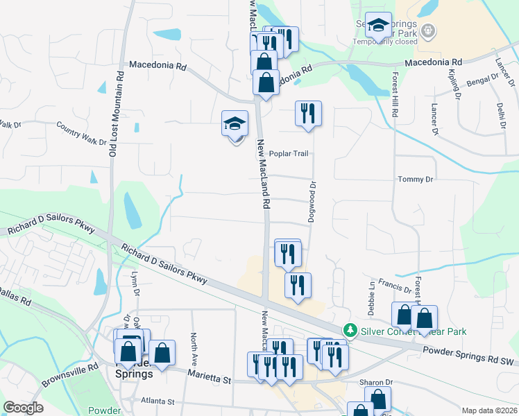 map of restaurants, bars, coffee shops, grocery stores, and more near 4201 Springdale Circle in Powder Springs