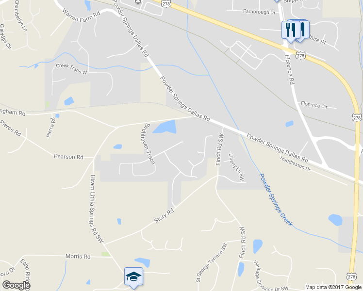 map of restaurants, bars, coffee shops, grocery stores, and more near 5653 Walnut Mill Lane in Hiram