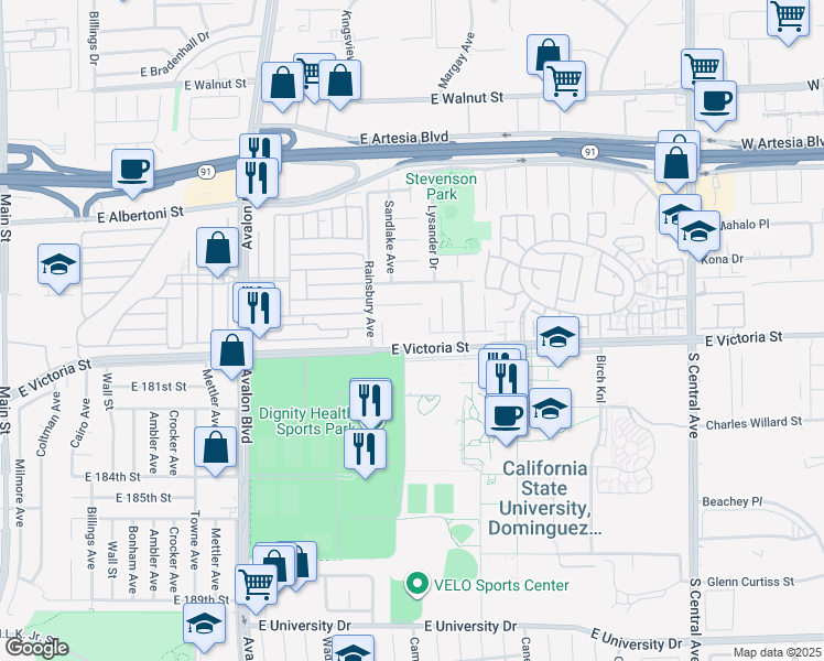 map of restaurants, bars, coffee shops, grocery stores, and more near 849 East Victoria Street in Carson