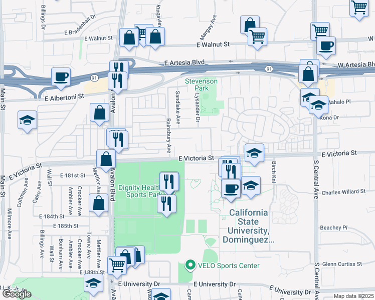 map of restaurants, bars, coffee shops, grocery stores, and more near 849 East Victoria Street in Carson