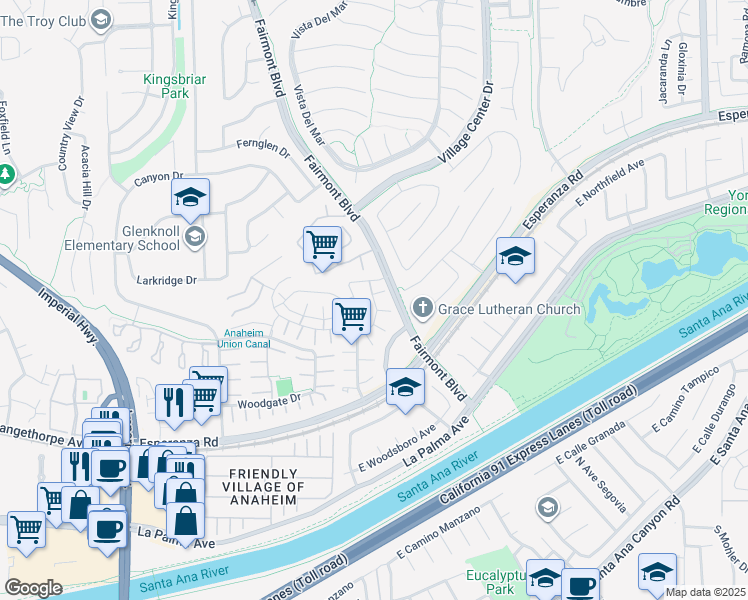 map of restaurants, bars, coffee shops, grocery stores, and more near 20453 Elm Hill Lane in Yorba Linda