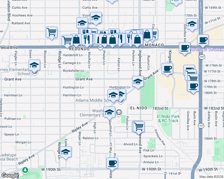 map of restaurants, bars, coffee shops, grocery stores, and more near 2512 Huntington Lane in Redondo Beach