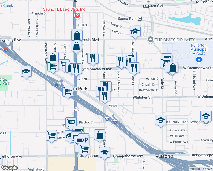 map of restaurants, bars, coffee shops, grocery stores, and more near 6382 Stanton Avenue in Buena Park