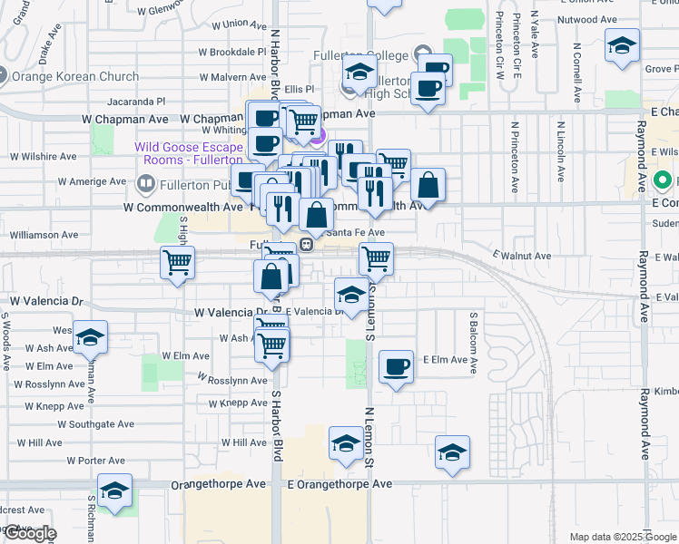 map of restaurants, bars, coffee shops, grocery stores, and more near 329 Depot Court in Fullerton