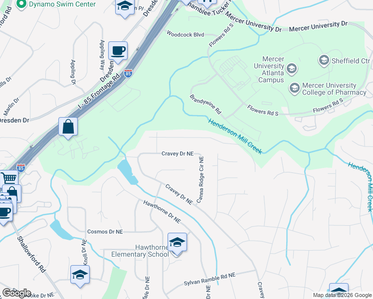map of restaurants, bars, coffee shops, grocery stores, and more near 2867 Cravey Trail Northeast in Atlanta