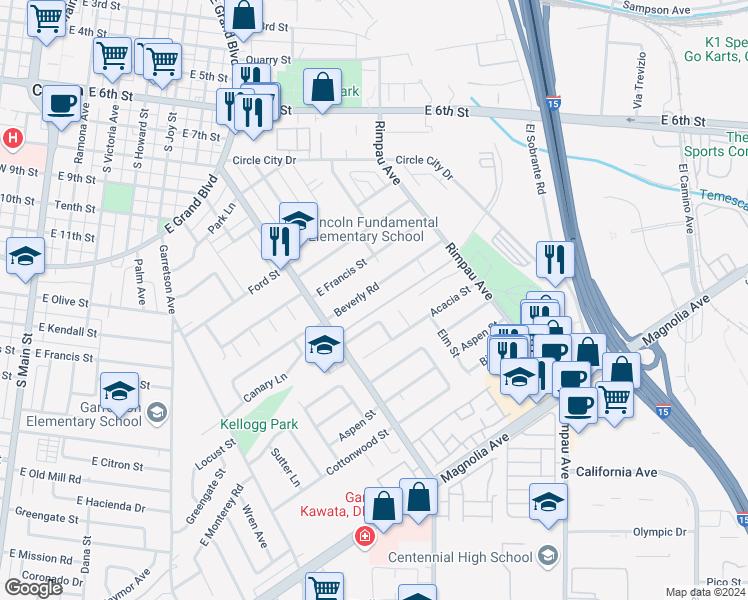 map of restaurants, bars, coffee shops, grocery stores, and more near 949 Beverly Road in Corona