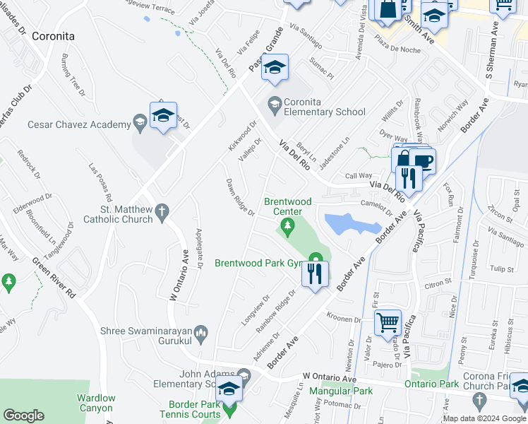 map of restaurants, bars, coffee shops, grocery stores, and more near 1687 Dawnridge Drive West in Corona