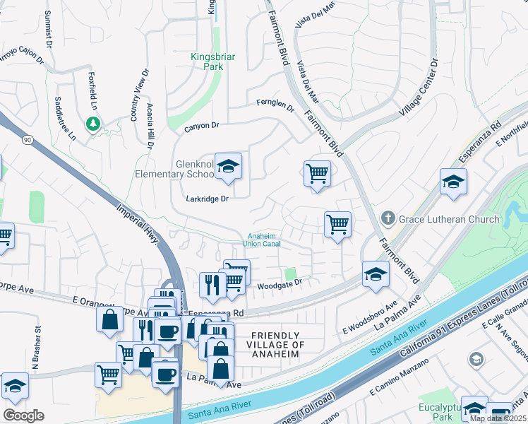 map of restaurants, bars, coffee shops, grocery stores, and more near 19964 Ridge Manor Way in Yorba Linda
