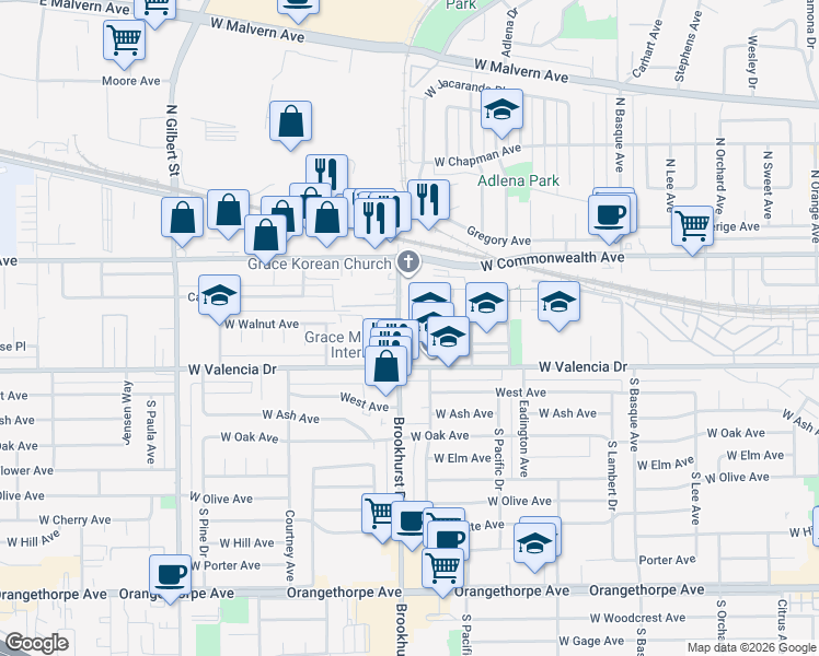 map of restaurants, bars, coffee shops, grocery stores, and more near 150 South Brookhurst Road in Fullerton