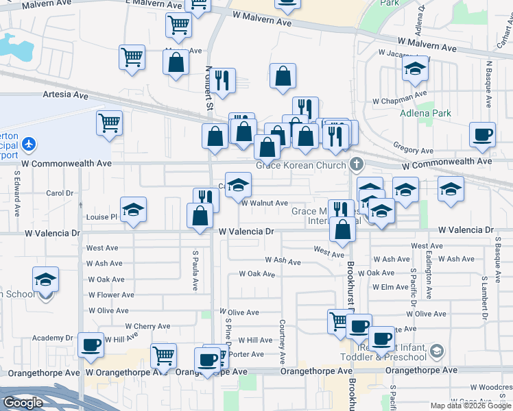 map of restaurants, bars, coffee shops, grocery stores, and more near 2006 Carol Drive in Fullerton