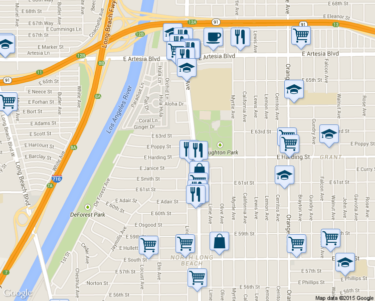 map of restaurants, bars, coffee shops, grocery stores, and more near 6255 Atlantic Avenue in Long Beach