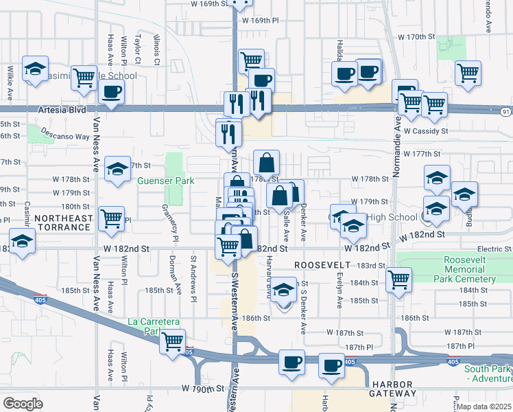 map of restaurants, bars, coffee shops, grocery stores, and more near 17832 South Hobart Boulevard in Gardena