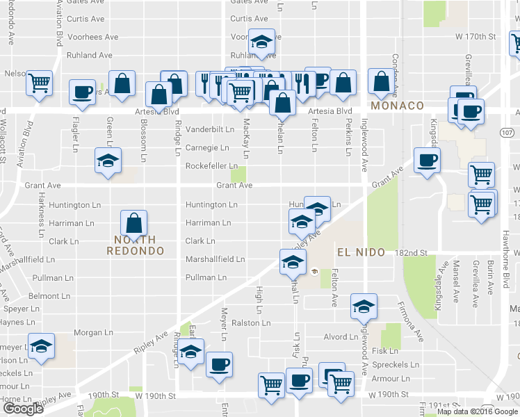 map of restaurants, bars, coffee shops, grocery stores, and more near 2408 Grant Avenue in Redondo Beach
