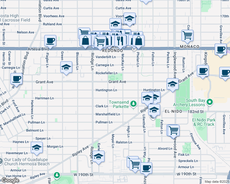 map of restaurants, bars, coffee shops, grocery stores, and more near 2312 Grant Avenue in Redondo Beach