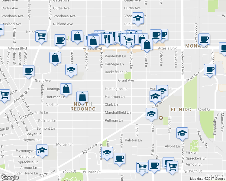 map of restaurants, bars, coffee shops, grocery stores, and more near 1507 Slauson Lane in Redondo Beach