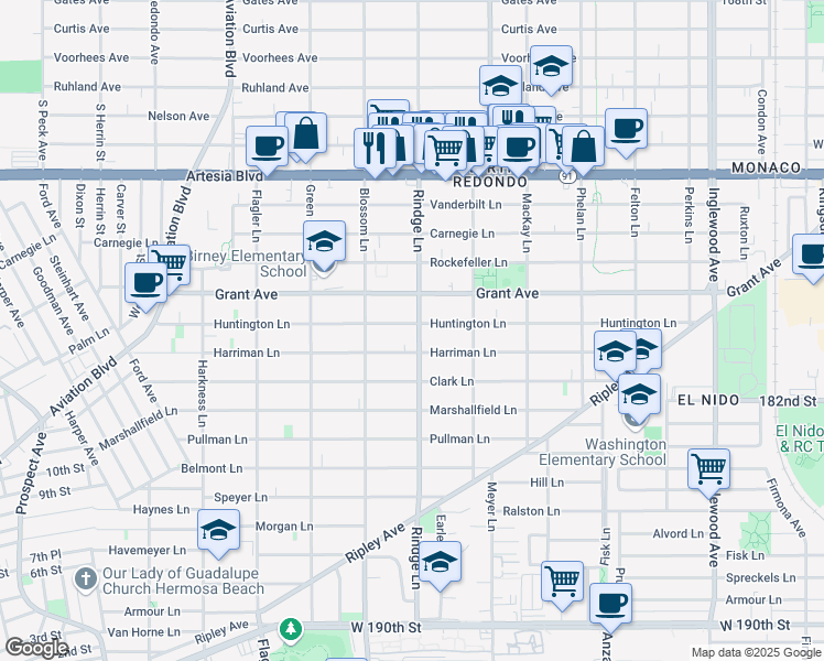 map of restaurants, bars, coffee shops, grocery stores, and more near 2203 Huntington Lane in Redondo Beach