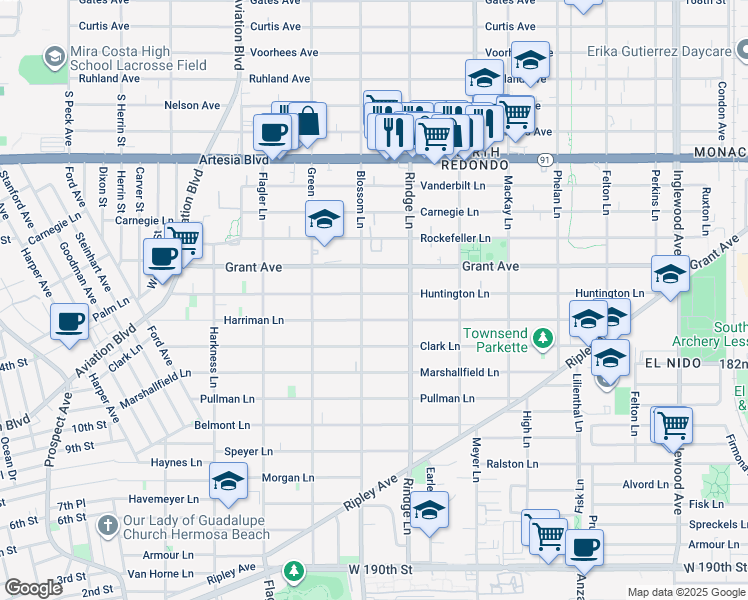 map of restaurants, bars, coffee shops, grocery stores, and more near 2108 Grant Avenue in Redondo Beach