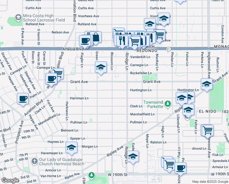 map of restaurants, bars, coffee shops, grocery stores, and more near 2108 Grant Avenue in Redondo Beach