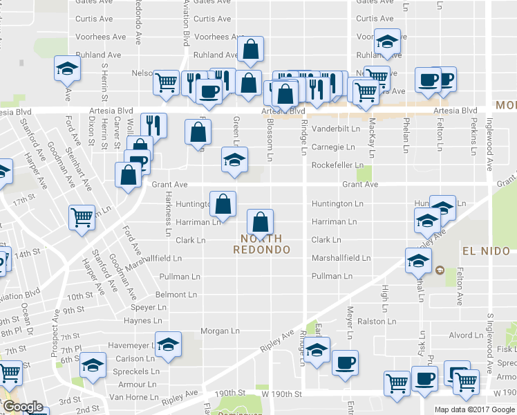 map of restaurants, bars, coffee shops, grocery stores, and more near 2014 Grant Avenue in Redondo Beach