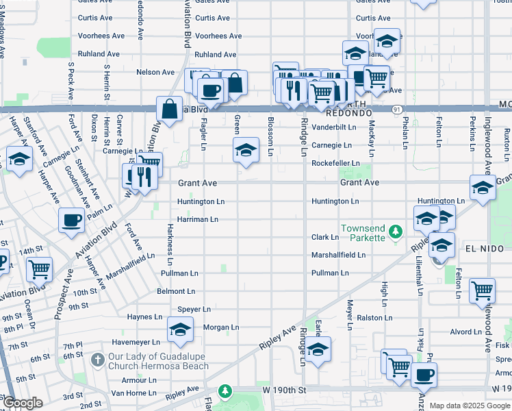 map of restaurants, bars, coffee shops, grocery stores, and more near 2014 Grant Avenue in Redondo Beach