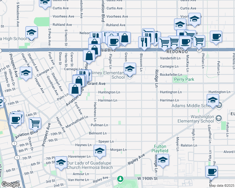 map of restaurants, bars, coffee shops, grocery stores, and more near 1905 Huntington Lane in Redondo Beach