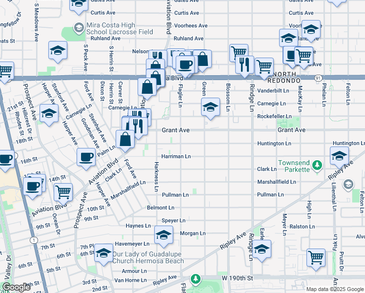 map of restaurants, bars, coffee shops, grocery stores, and more near 1905 Huntington Lane in Redondo Beach