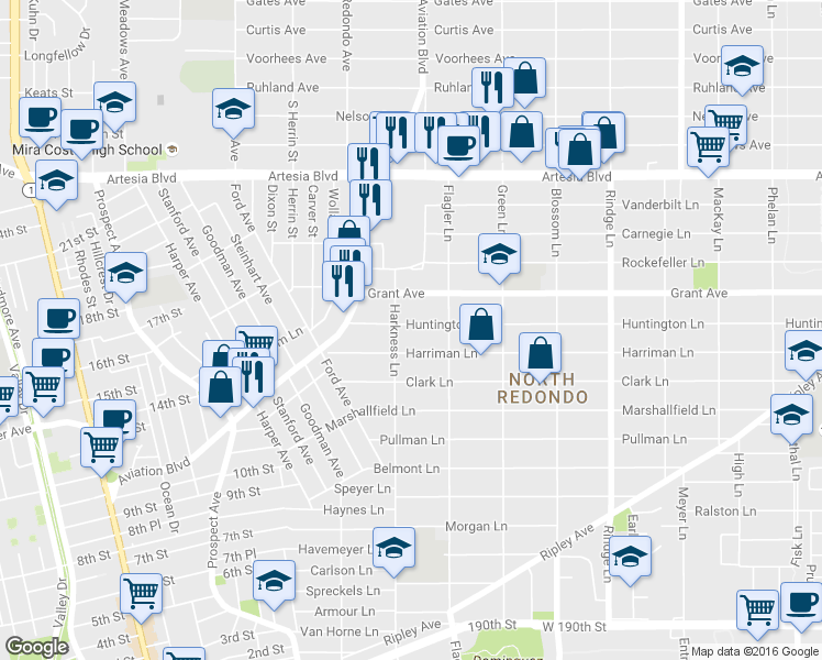 map of restaurants, bars, coffee shops, grocery stores, and more near 1814 Grant Avenue in Redondo Beach