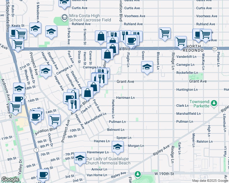 map of restaurants, bars, coffee shops, grocery stores, and more near 1717 Huntington Lane in Redondo Beach
