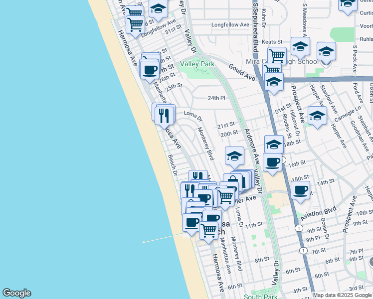 map of restaurants, bars, coffee shops, grocery stores, and more near 2044 Hermosa Avenue in Hermosa Beach