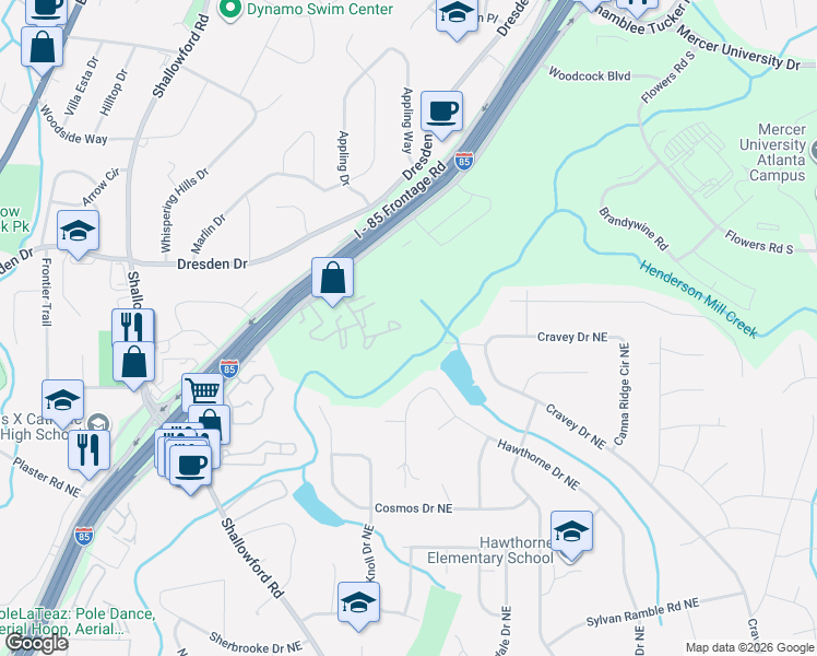 map of restaurants, bars, coffee shops, grocery stores, and more near 3051 Colonial Way in Atlanta