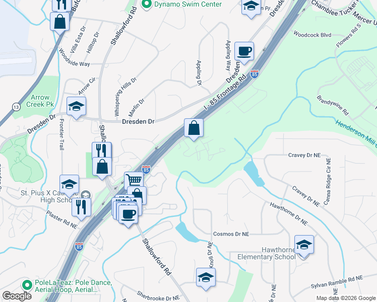 map of restaurants, bars, coffee shops, grocery stores, and more near 3077 Colonial Way in Chamblee