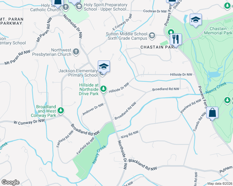 map of restaurants, bars, coffee shops, grocery stores, and more near Hillside Drive Northwest in Atlanta