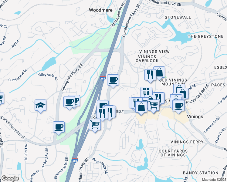 map of restaurants, bars, coffee shops, grocery stores, and more near 2580 Cumberland Parkway Southeast in Atlanta
