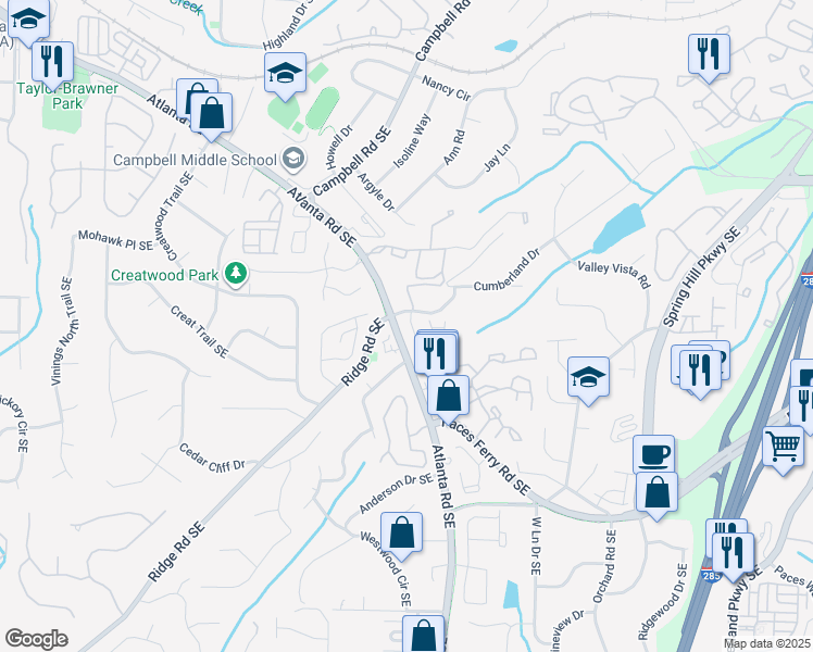 map of restaurants, bars, coffee shops, grocery stores, and more near 1823 Vinings Parkway Southeast in Smyrna